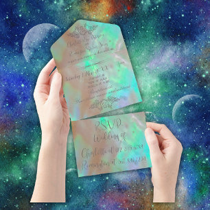 Invitation Tout En Un Élégante Mariage verte Mère de Perle