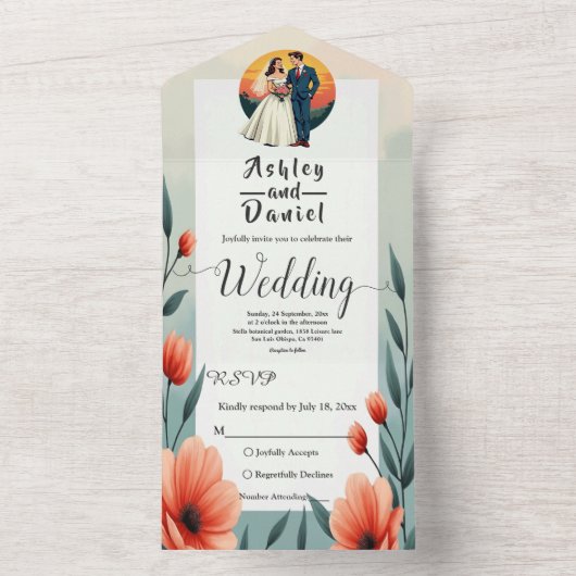 Invitation Tout En Un Élégante Mariée Romantique Et Mariage Floral (À l'intérieur)