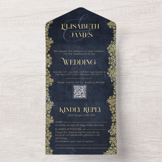 Invitation Tout En Un Elégante Marine Baroque Et Mariage Chic Gold Class (À l'intérieur)