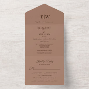 Invitation Tout En Un Elégante Mocha Mousse simple avec Mariage Monogram