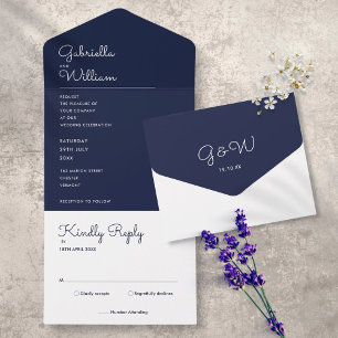 Invitation Tout En Un Élégante Monogramme Bleu Marine Mariage Minimalist