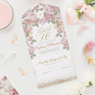 Invitation Tout En Un Elégante Parties scintillant Or Peony Rose Sweet 1