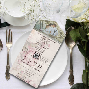 Invitation Tout En Un Élégante Peine rose pâle Floral QR Code Photo