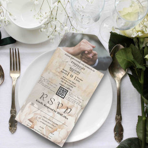 Invitation Tout En Un Elégante Peony à la crème blanche Floral QR Code P