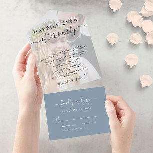 Invitation Tout En Un Elégante Photo Dusty Blue Wedding Réception
