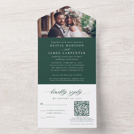 Invitation Tout En Un Elégante photo RSVP QR Code Emerald Green Mariage (À l'intérieur)