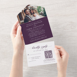 Invitation Tout En Un Elégante photo RSVP QR Code Violet violet violet M