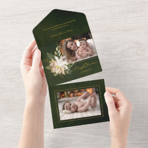 Invitation Tout En Un Elégante Poinsettias Blanches avec verdure or Phot