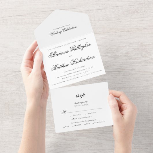 Invitation Tout En Un Élégante typographie de script Mariage noir blanc (Déchirure)