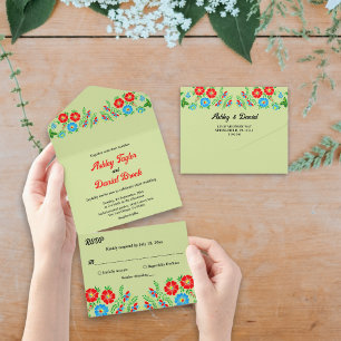 Invitation Tout En Un Élégante verdure Bleu Rouge Roses Floral Mariage