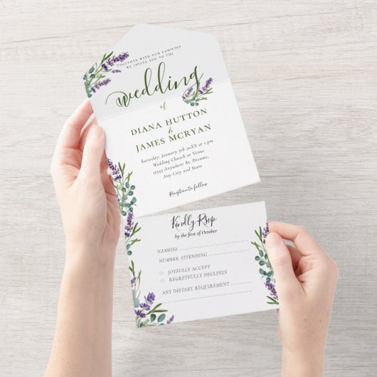 Invitation Tout En Un Élégante verdure Lavender Calligraphie Mariage (Déchirure)