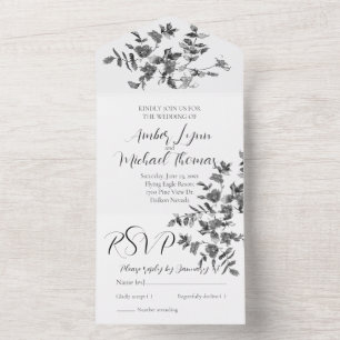 Invitation Tout En Un Élégantes fleurs sauvages noires et blanches minim