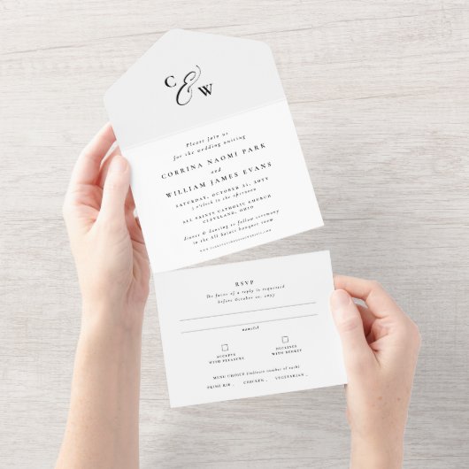 Invitation Tout En Un Élégantes initiales simples mariage noir et blanc (Déchirure)