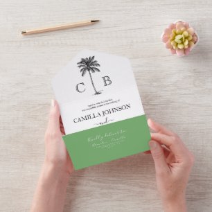 Invitation Tout En Un Élégantes Monogrammes de Mariage Tropical Vert Pal