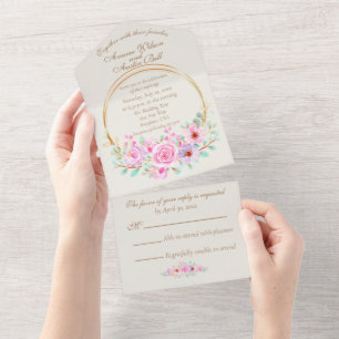 Invitation Tout En Un Élégantes Roses Roses et Cercle Géométrique en Or
