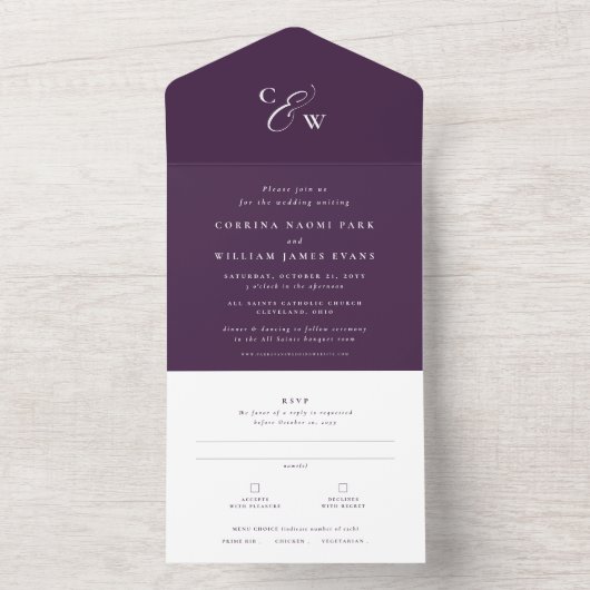 Invitation Tout En Un Élégants initiales automne prune violet mariage (À l'intérieur)
