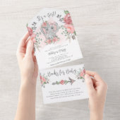 Invitation Tout En Un Elephant C'est une fille Baby shower rose (Déchirure)