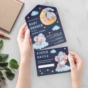 Invitation Tout En Un Éléphant Endormi sur la Lune Baby Shower Bleu Mari