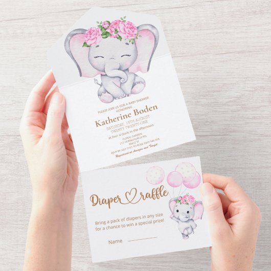 Invitation Tout En Un Eléphant et fleur de fille tout en un
