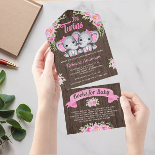 Invitation Tout En Un Eléphant rose Floral Twin Girls Baby shower en boi