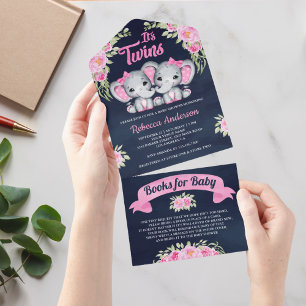 Invitation Tout En Un Eléphant rose Floral Twin Girls Marine Baby shower