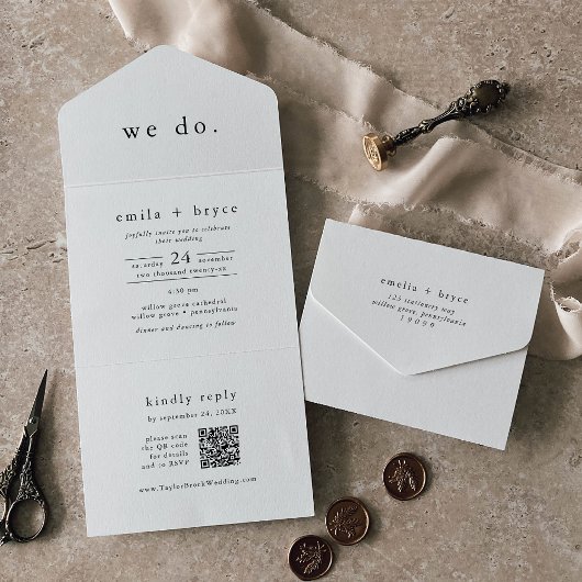 Invitation Tout En Un EMELIA QR Code Blanc Noir Rustique Simple Mariage