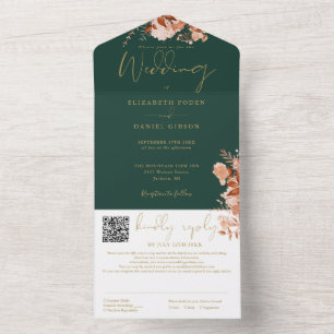 Invitation Tout En Un Emerald Et Gold Rustic Floral Code QR Mariage