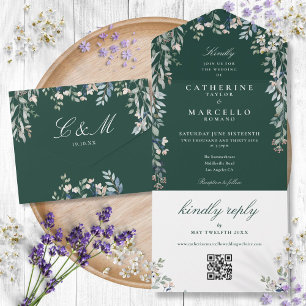 Invitation Tout En Un Emerald Floral Greenery QR Code Mariage