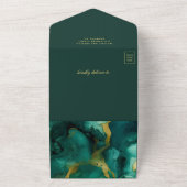 Invitation Tout En Un Emerald Gold Abstrait Fluid Ink QR Code Mariage (Dehors)