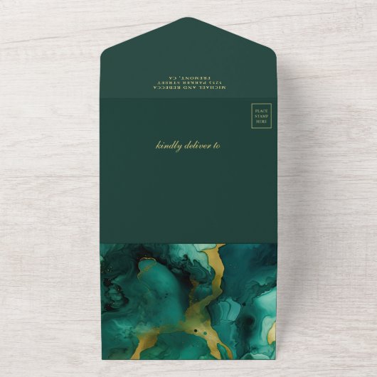 Invitation Tout En Un Emerald Gold Abstrait Fluid Ink QR Code Mariage (Dehors)
