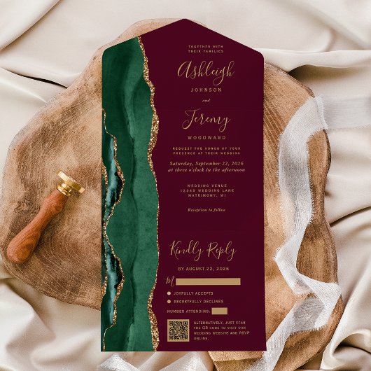 Invitation Tout En Un Emerald Green Agate Gold Burgundy QR Code Wedding