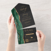Invitation Tout En Un Emerald Green Agate Gold Dark QR Code Wedding (Déchirure)