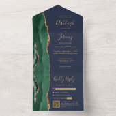 Invitation Tout En Un Emerald Green Agate Gold Navy Blue QR Code Wedding (À l'intérieur)