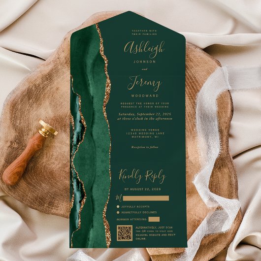 Invitation Tout En Un Emerald Green Agate Gold QR Code Wedding