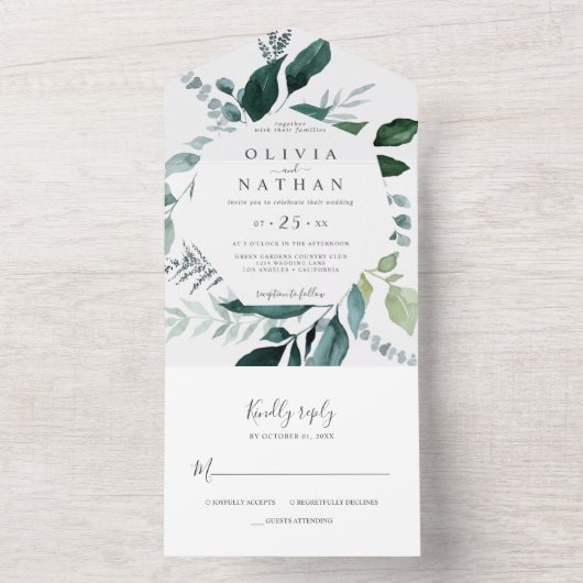 Invitation Tout En Un Emerald Green Cadre Feuille Mariage tout en un (À l'intérieur)