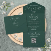 Invitation Tout En Un Emerald Green Elegant Script QR Code Mariage