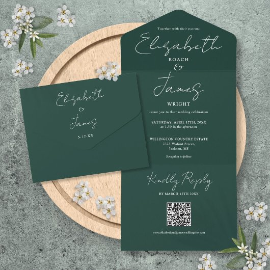 Invitation Tout En Un Emerald Green Elegant Script QR Code Mariage