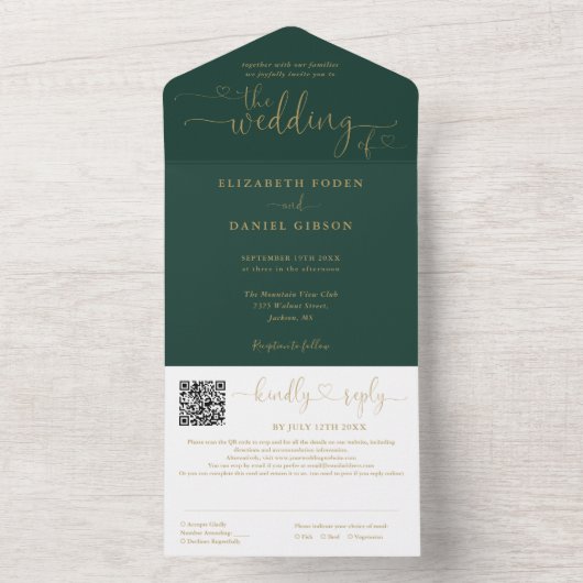 Invitation Tout En Un Emerald Green Et Gold Script QR Code Mariage (À l'intérieur)