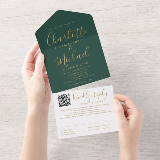 Invitation Tout En Un Emerald Green Et Gold Script QR Code Mariage (Déchirure)