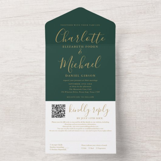 Invitation Tout En Un Emerald Green Et Gold Script QR Code Mariage (À l'intérieur)