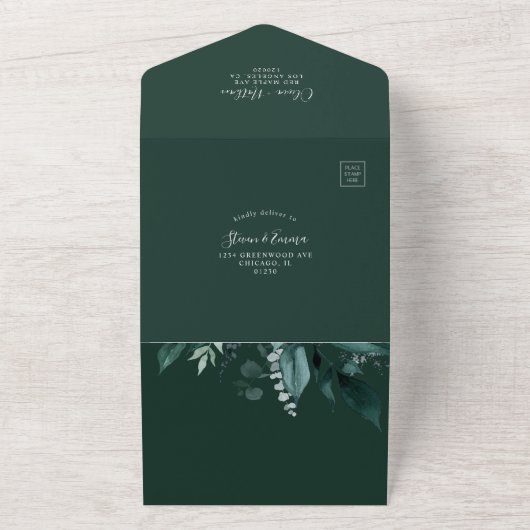 Invitation Tout En Un Emerald Green Feuilles Cadre Mariage Tout en un (Dehors)