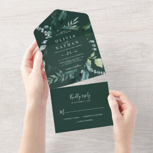 Invitation Tout En Un Emerald Green Feuilles Cadre Mariage Tout en un