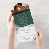 Invitation Tout En Un Emerald Green Floral Greenery Photo Mariage (Déchirure)