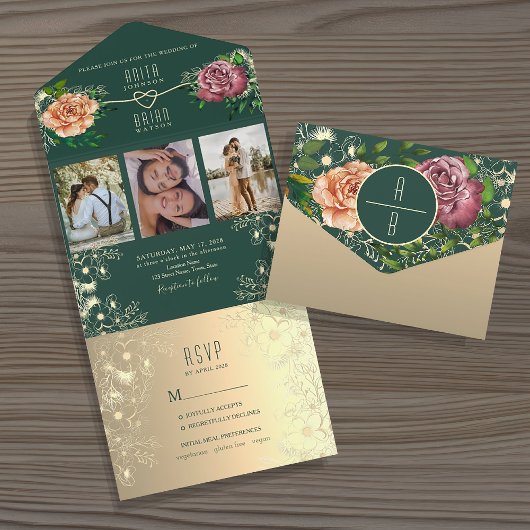Invitation Tout En Un Emerald Green Floral Jewel Mariage
