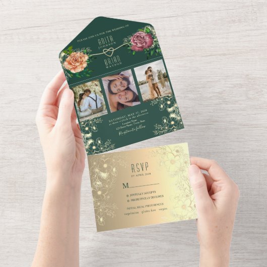 Invitation Tout En Un Emerald Green Floral Jewel Mariage (Déchirure)