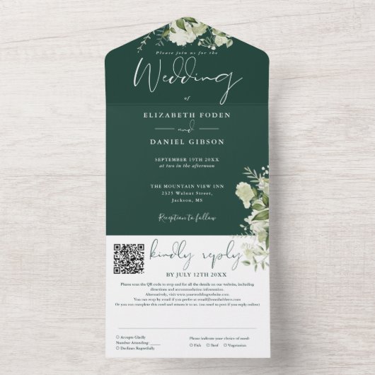 Invitation Tout En Un Emerald Green Floral Monogramme QR Code Mariage (À l'intérieur)