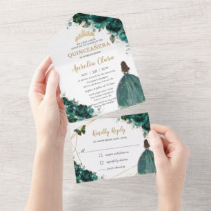 Invitation Tout En Un Emerald Green Floral Princesse Tiara Quinceañera
