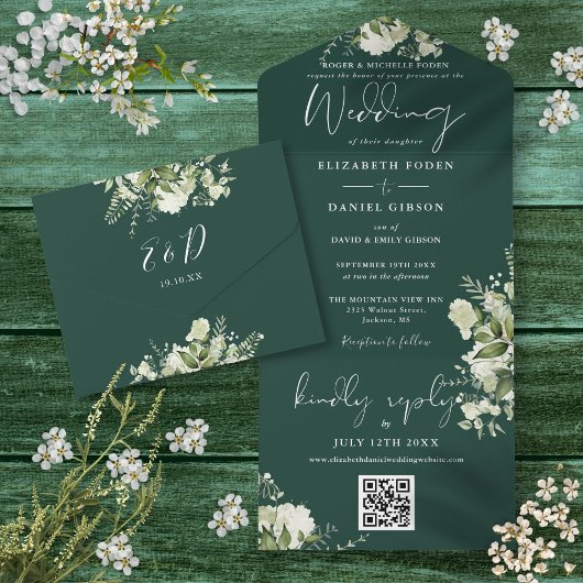 Invitation Tout En Un Emerald Green Floral QR Code Mariage officiel