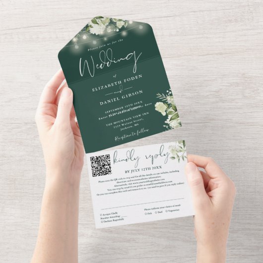 Invitation Tout En Un Emerald Green Floral String Lights QR Code Mariage (Déchirure)