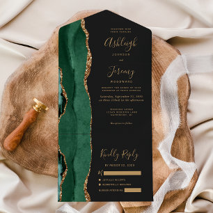 Invitation Tout En Un Emerald Green Gold Agate Mariage foncé